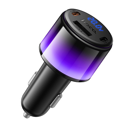 Автомобильное зарядное устройство, 1 USB 5V/2.4A + 2 PD 25W (Z69A), HOCO, с подсветкой, с дисплеем, черный