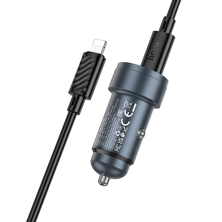 Автомобильное зарядное устройство, 1 USB QC3.0 18W, 1 PD 30W (Z57A), HOCO, кабель Type-C to Lightning, серый