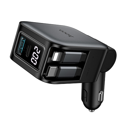 Автомобильное зарядное устройство, 1 USB QC3.0+1 PD 30W + кабель Type-C и кабель Lightning выдвижные(Z67A), HOCO, черный