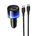 Автомобильное зарядное устройство, 1 USB 5V/2.4A + 2 PD 25W (Z69A), HOCO, кабель Type-C to Type-C, с дисплеем, черный