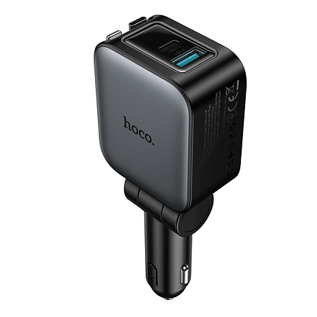 Автомобильное зарядное устройство, 1 USB QC3.0+1 PD 30W + кабель Type-C и кабель Lightning выдвижные(Z67A), HOCO, черный