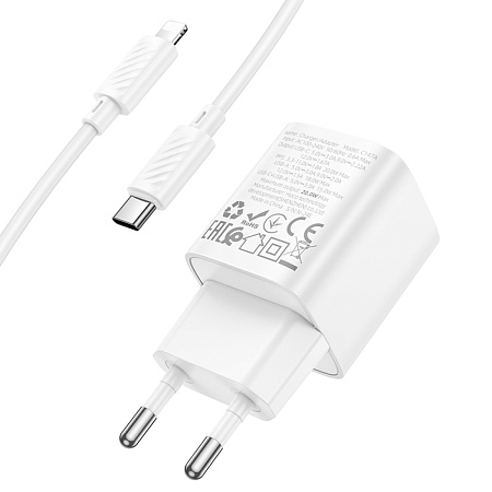 Сетевое зарядное устройство, 1 PD 20W + 1 USB 3.0 QC (C147A), HOCO, Type-C to Lightning, мини, белый