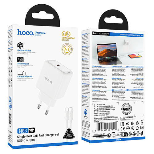 Сетевое зарядное устройство, 1 PD 40W (N83), HOCO, Type-C to Type-C, цвет белый