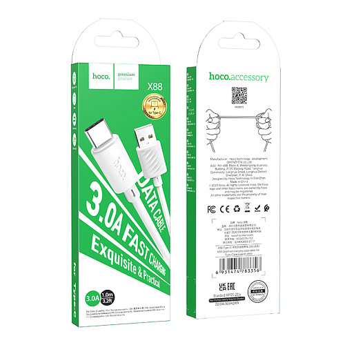 USB Кабель Type-C, HOCO, X88, 1м, белый