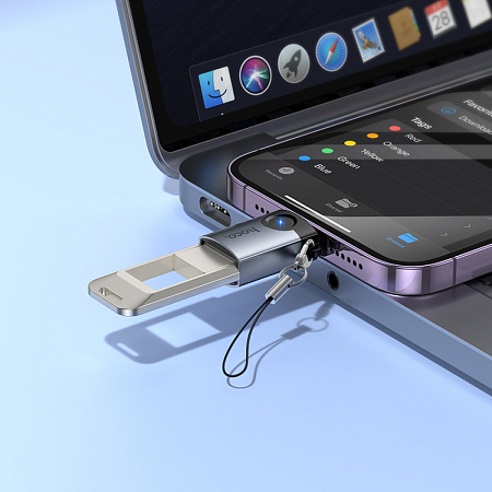 Переходник OTG Lightning, Lightning (папа) на USB (мама), UA46, HOCO, серый