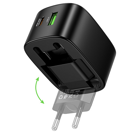 Сетевое зарядное устройство, 1 PD 30W + 1 USB 3.0 QC (CS102A), HOCO, Type-C to Type-C, складное, черный