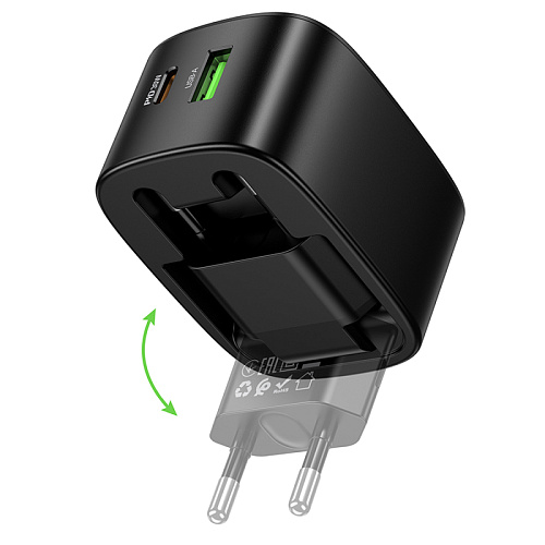 Сетевое зарядное устройство, 1 PD 30W + 1 USB 3.0 QC (CS102A), HOCO, Type-C to Type-C, складное, черный