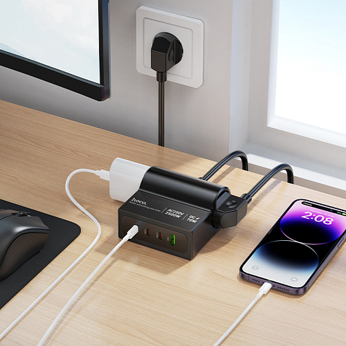 Сетевой фильтр на 1 розетка+3 PD (70Вт)+1 USB, 1.5м, AC34, HOCO, черный