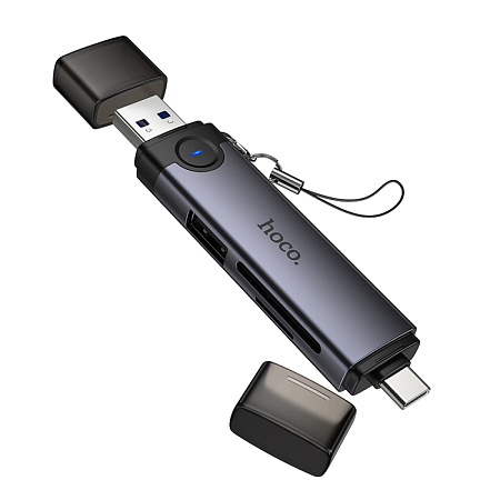 Картридер 3 в 1, USB/Type-C на SD/TF3.0+USB 2.0, HB56, HOCO, серый