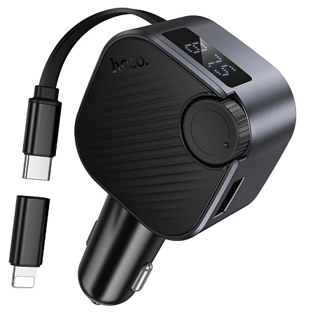 Bluetooth FM модулятор, E167 Hero, HOCO, 1 PD 30W+1 USB QC3.0, с выдвижным кабелем, черный