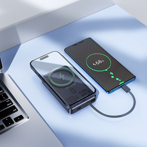 Универсальный Доп. Аккумулятор 10000mAh, Q44, HOCO, 1 PD 20W, беспроводная зарядка (MagSafe), с кабелем Type-C, серый