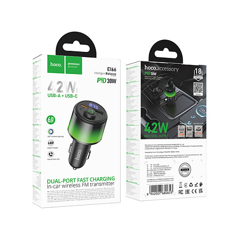 Bluetooth FM модулятор, E166 Path, HOCO, 1 USB QC3.0 (12Вт) или 5V/0.5A (для USB накопителя) +1 PD (30Вт) , черный