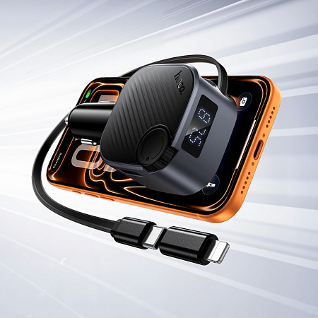 Bluetooth FM модулятор, E167 Hero, HOCO, 1 PD 30W+1 USB QC3.0, с выдвижным кабелем, черный