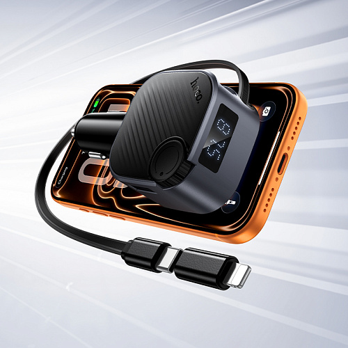Bluetooth FM модулятор, E167 Hero, HOCO, 1 PD 30W+1 USB QC3.0, с выдвижным кабелем, черный
