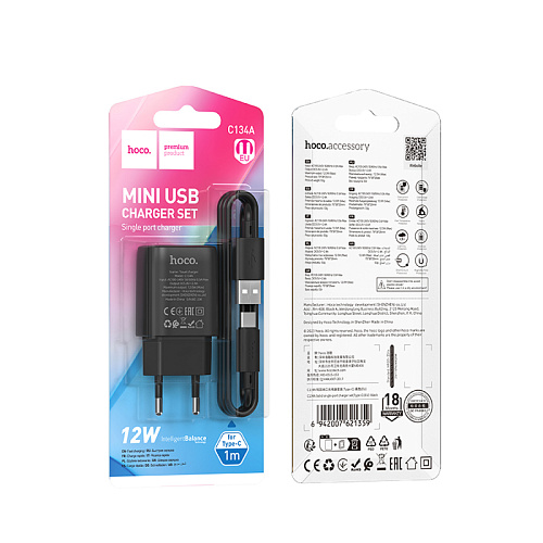 Сетевое зарядное устройство, 1 USB 2.4A (C134A), HOCO, Type-C, черный