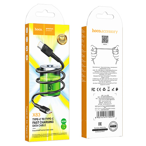 Кабель Type-C на Type-C, HOCO, X83, 1м, 60W, черный