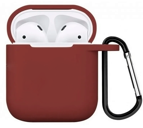 Чехол силиконовый для Airpods 1/Airpods 2 case, X-CASE, бордовый с карабином