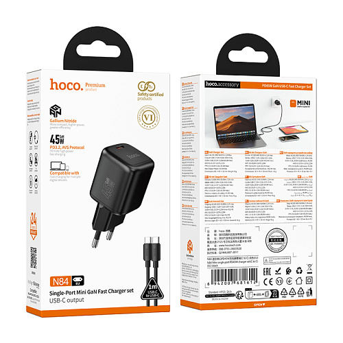 Сетевое зарядное устройство, 1 PD 45W (N84), HOCO, Type-C to Type-C, компактный, черный