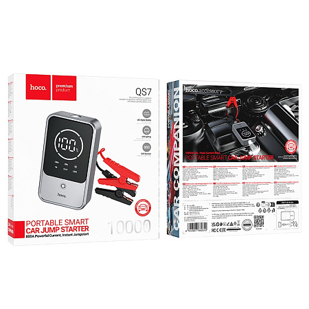 Универсальный Доп. Аккумулятор 10000mAh, QS7, HOCO, 12V(запуск двигателя авто)+2USB (5V/2A)+ фонарик, с дисплеем, черный