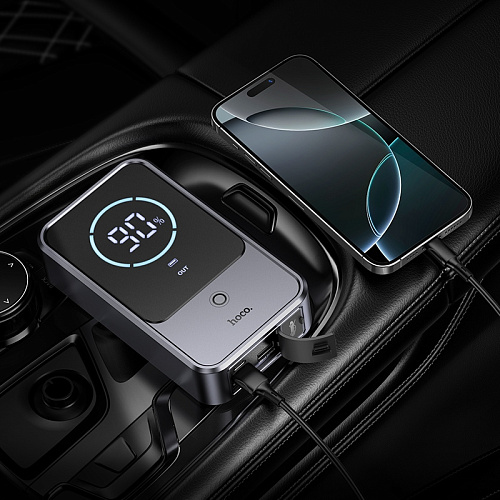 Универсальный Доп. Аккумулятор 10000mAh, QS7, HOCO, 12V(запуск двигателя авто)+2USB (5V/2A)+ фонарик, с дисплеем, черный