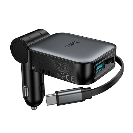 Автомобильное зарядное устройство, 1 USB QC3.0+1 PD 30W + кабель Type-C выдвижной (Z67), HOCO, черный