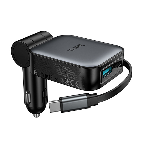 Автомобильное зарядное устройство, 1 USB QC3.0+1 PD 30W + кабель Type-C выдвижной (Z67), HOCO, черный