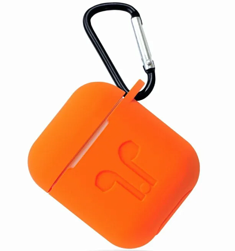 Чехол силиконовый для Airpods 1/Airpods 2 case, X-CASE, оранжевый с карабином