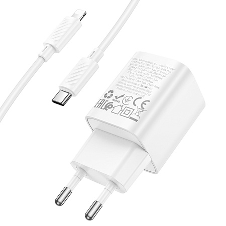 Сетевое зарядное устройство, 1 PD 30W + 1 USB 3.0 QC (C149A), HOCO, Type-C to Lightning, мини, белый