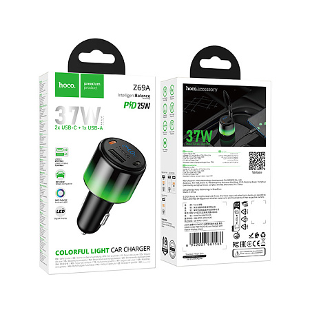 Автомобильное зарядное устройство, 1 USB 5V/2.4A + 2 PD 25W (Z69A), HOCO, с подсветкой, с дисплеем, черный