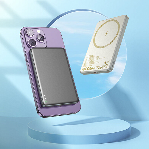 Универсальный Доп. Аккумулятор 5000mAh, Q26 Joy, HOCO, 1 PD 20W, беспроводная зарядка (MagSafe), металлический серый