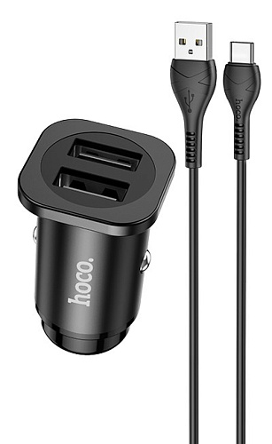 Автомобильное зарядное устройство, 2 USB 2.4A (NZ4), usb cable Type-C, HOCO, черный