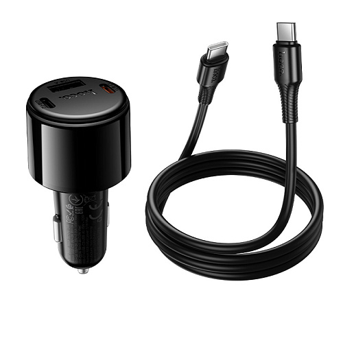 Автомобильное зарядное устройство, 1 USB 5V/2.4A + 2 PD 45W (Z69B), HOCO, кабель Type-C to Type-C, с дисплеем, черный