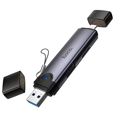 Картридер 3 в 1, USB/IP на SD/TF3.0+USB 2.0, HB56A, HOCO, серый