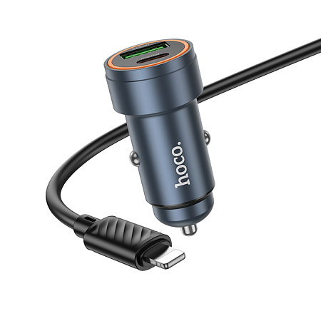 Автомобильное зарядное устройство, 1 USB QC3.0 18W, 1 PD 30W (Z57A), HOCO, кабель Type-C to Lightning, серый