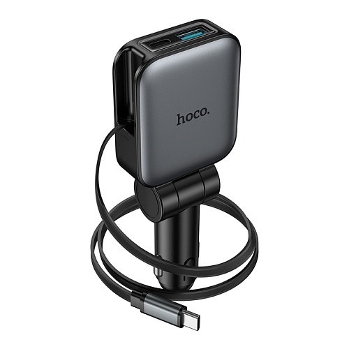 Автомобильное зарядное устройство, 1 USB QC3.0+1 PD 30W + кабель Type-C выдвижной (Z67), HOCO, черный