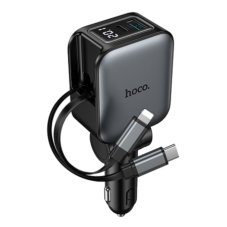 Автомобильное зарядное устройство, 1 USB QC3.0+1 PD 30W + кабель Type-C и кабель Lightning выдвижные(Z67A), HOCO, черный