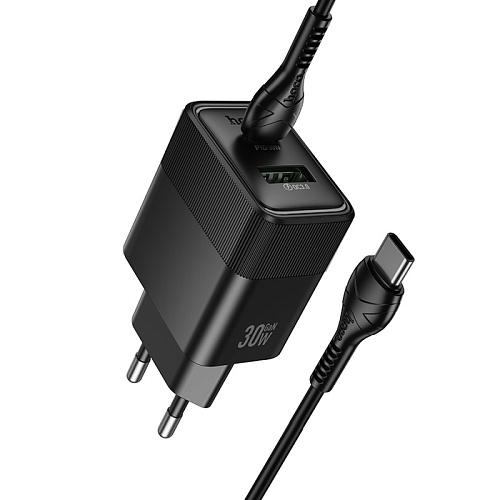 Сетевое зарядное устройство, 1 PD 30W + 1 USB 3.0 QC (CS112A), HOCO, Type-C to Type-C, черный
