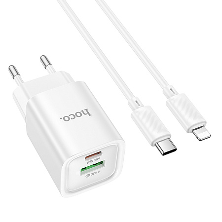 Сетевое зарядное устройство, 1 PD 30W + 1 USB 3.0 QC (C149A), HOCO, Type-C to Lightning, мини, белый