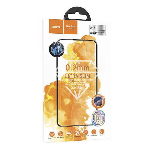 Защитное стекло для iPhone 15/16, A34 Slim, HOCO, Full screen HD tempered glass 0.2mm, черное