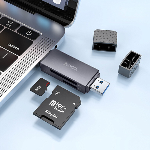 Картридер 2 в 1, USB/Type-C 3.0, HB45, HOCO, поддержка TF/SD карт, серый