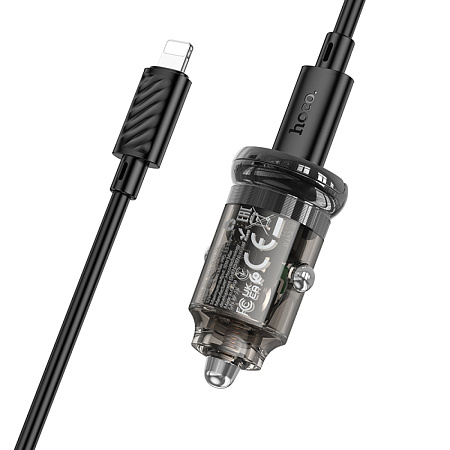 Автомобильное зарядное устройство, 1 PD 30W (Z53), HOCO, кабель Type-С to Lightning, черный с прозрачным