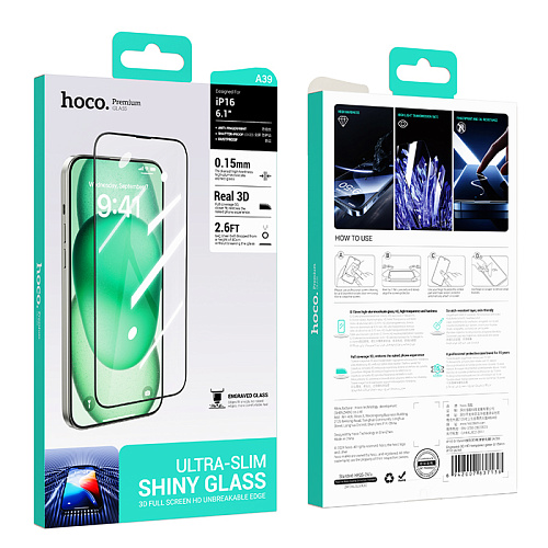 Защитное стекло для iPhone 15/16, A39, HOCO, Engraved 3D HD tempered glass 0.15mm, черное