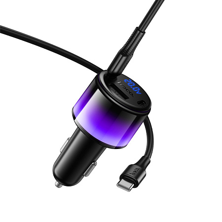 Автомобильное зарядное устройство, 1 USB 5V/2.4A + 2 PD 25W (Z69A), HOCO, кабель Type-C to Type-C, с дисплеем, черный