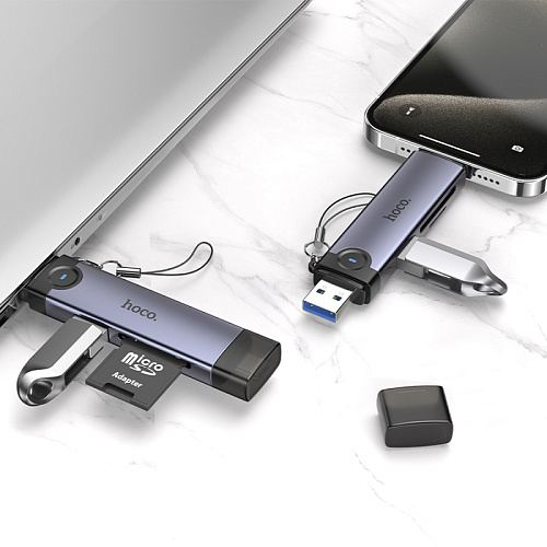 Картридер 3 в 1, USB/Type-C на SD/TF3.0+USB 2.0, HB56, HOCO, серый