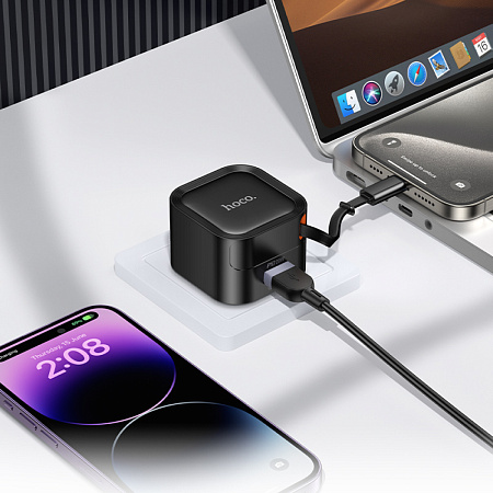 Сетевое зарядное устройство, 1 USB 3.0 QC+встроенный кабель-рулетка Type-C, 20W (C154A), HOCO, черный