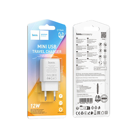 Сетевое зарядное устройство, 1 USB 2.4A (C134A), HOCO, белый