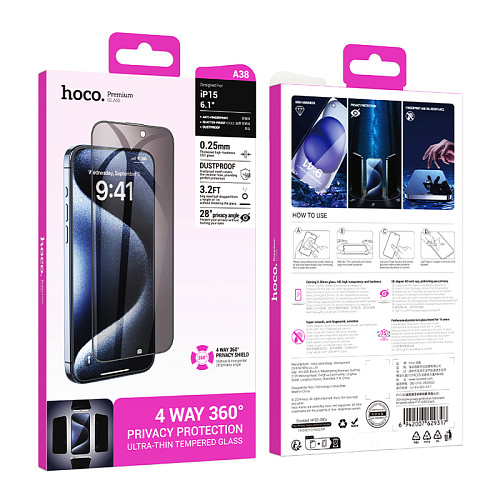 Защитное стекло для iPhone 15/16, A38, HOCO, 360-degree Privacy, черное