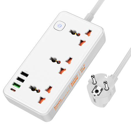 Сетевой фильтр на 3 розетки, 1 USB (18W QC)+ 2 USB, 1 PD (30W), 1.5м, AC8A, HOCO, белый