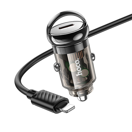 Автомобильное зарядное устройство, 1 PD 30W (Z53), HOCO, кабель Type-С to Lightning, черный с прозрачным