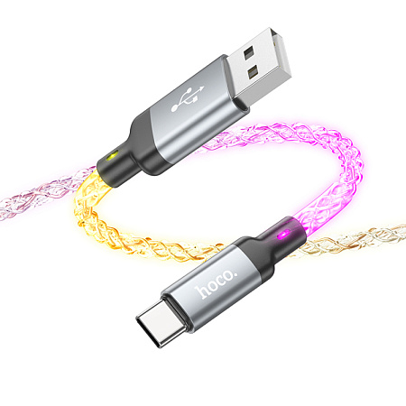 USB Кабель Type-C, HOCO, U112, 1м, светящийся, серый